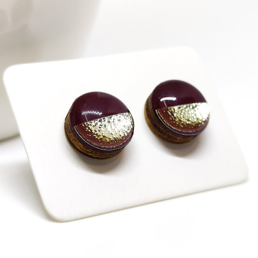 burgundy and gold hammered metal two toned stud earrings by candi cove designs simple stud earrings for sensitive ears