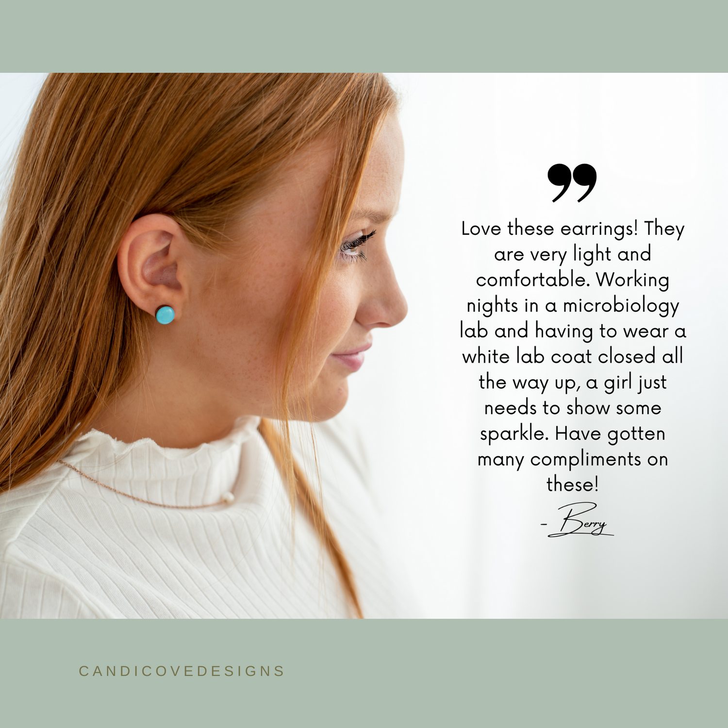 candi cove designs everyday simple stud earrings for sensitive ears review, featuring a model with red hear wearing teal color dot stud earrings by candi cove designs