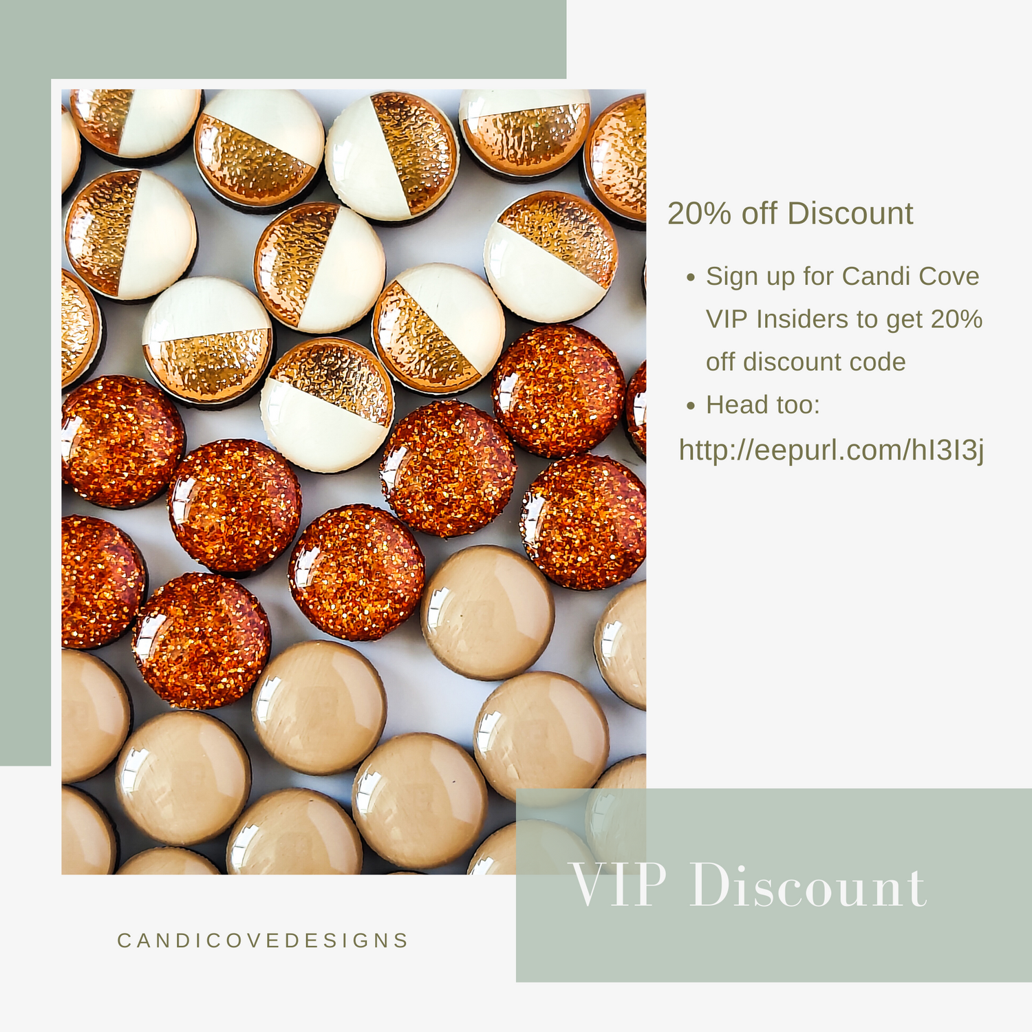 vip discount for candi cove designs stud earrings. 20 percent off discount if you sign up for candi cove designs vip insiders head to http://eepurl.com/hl3l3j