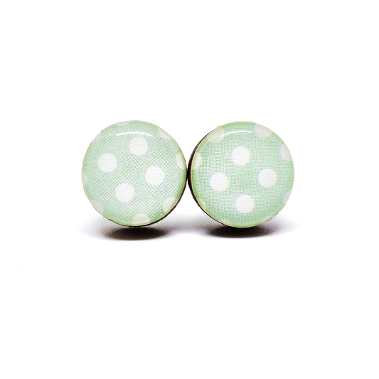 Stud Earrings, Light Mint and White Polka Dot, 10 mm, Handmade, Stainless Steel Posts for Sensitive Ears - Candi Cove Designs 