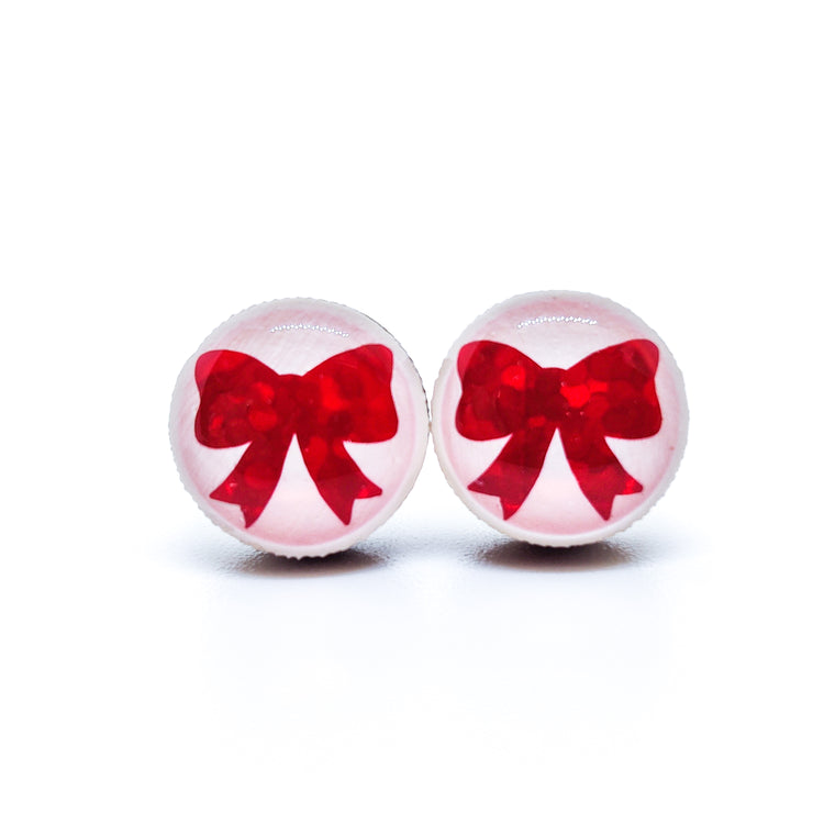 Stud Earrings, Sparkly Red Bow, 10 mm, Handmade, Stainless Steel Posts for Sensitive Ears - Candi Cove Designs 