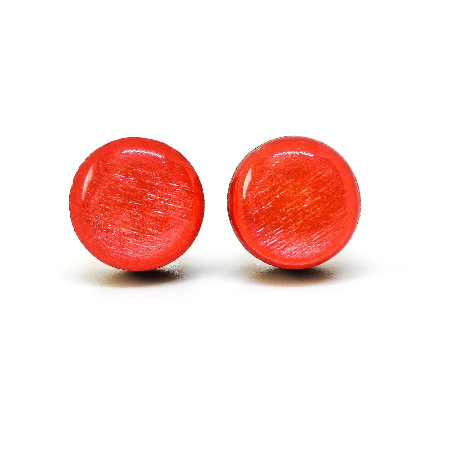 Stud Earrings, Peachy Coral Shimmer, 10 mm, Handmade, Stainless Steel Posts for Sensitive Ears - Candi Cove Designs 