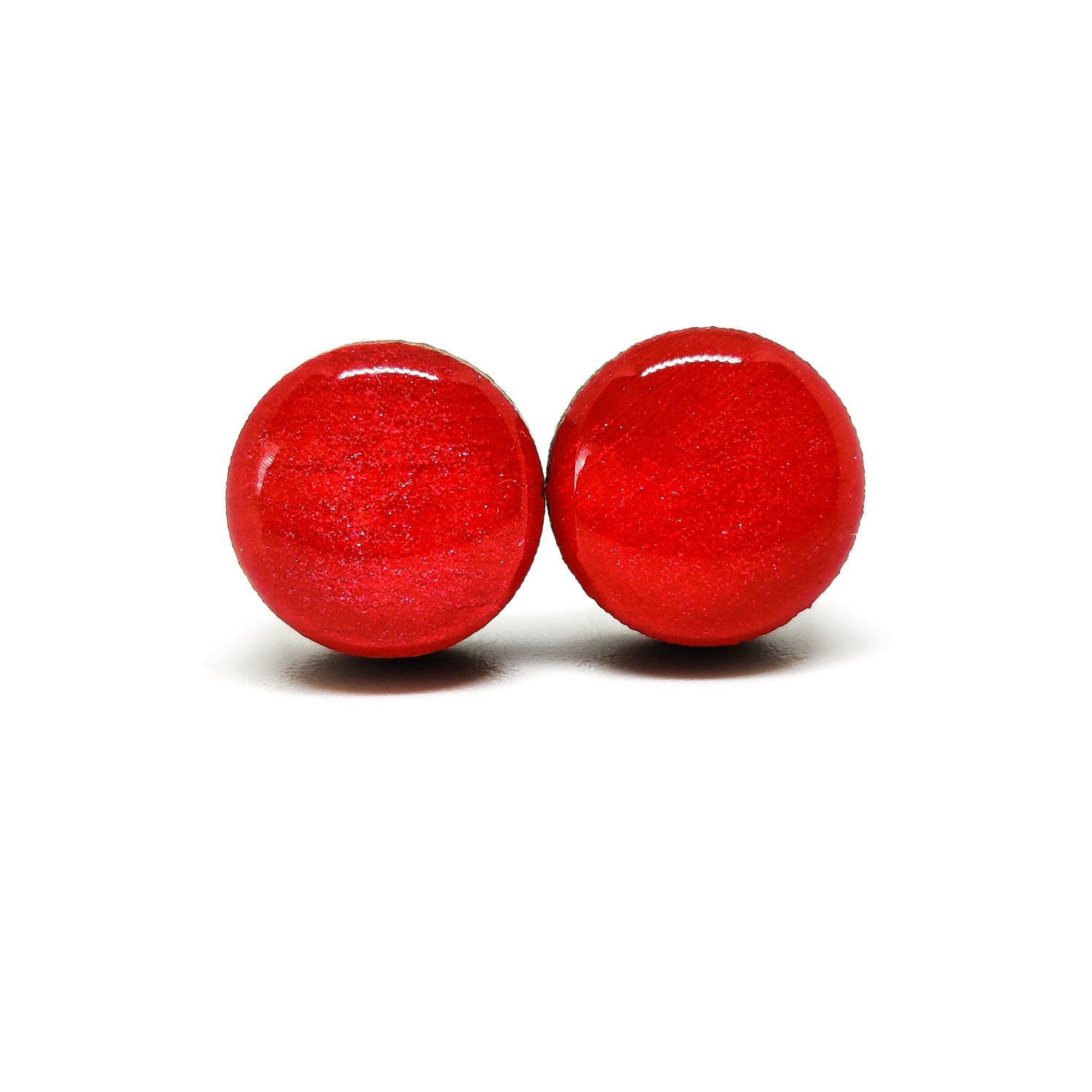 Stud Earrings, Scarlet Red Shimmer, 10 mm, Handmade, Stainless Steel Posts for Sensitive Ears - Candi Cove Designs 