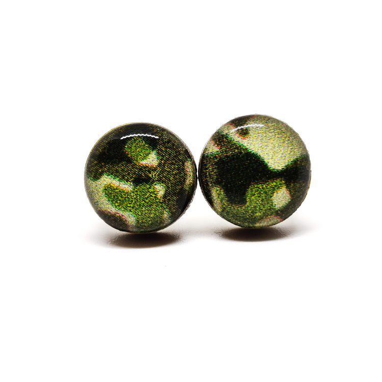 Stud Earrings, Forest Green Camo, 10 mm, Handmade, Stainless Steel Posts for Sensitive Ears - Candi Cove Designs 