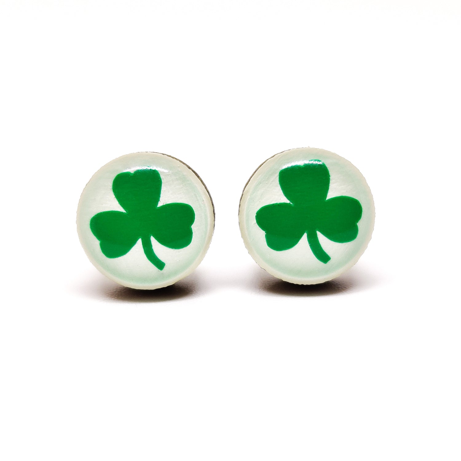 Stud Earrings, Shamrock Clover, 10 mm, Handmade, Stainless Steel Posts for Sensitive Ears - Candi Cove Designs 