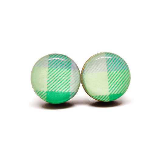 Stud Earrings, Mint Green Plaid, 10 mm, Handmade, Stainless Steel Posts for Sensitive Ears - Candi Cove Designs 