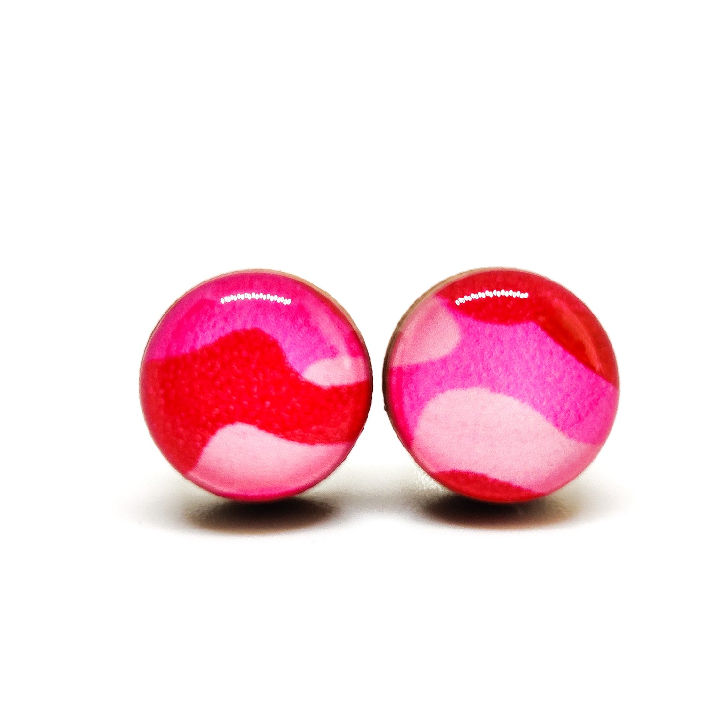 Stud Earrings, Pink Camouflage, 10 mm, Handmade, Stainless Steel Posts for Sensitive Ears - Candi Cove Designs 