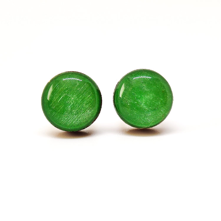 Stud Earrings, Bright Jade Green Shimmer, 10 mm, Handmade, Stainless Steel Posts for Sensitive Ears - Candi Cove Designs 