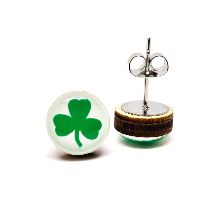 Stud Earrings, Shamrock Clover, 10 mm, Handmade, Stainless Steel Posts for Sensitive Ears - Candi Cove Designs 