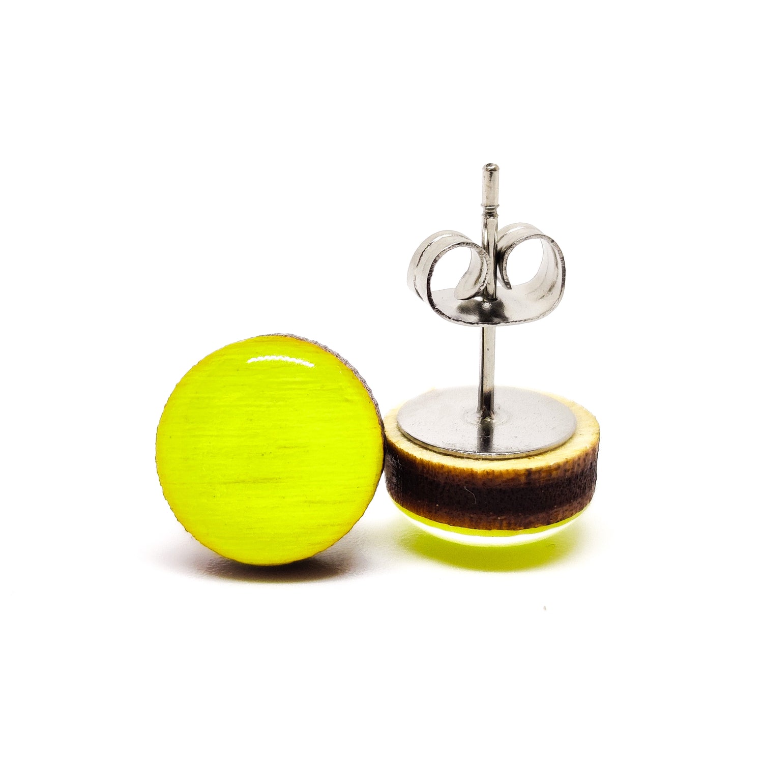 Stud Earrings, Neon Yellow, 10 mm, Handmade, Stainless Steel Posts for Sensitive Ears - Candi Cove Designs 