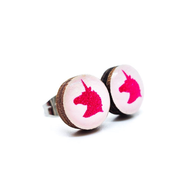 Stud Earrings, Bright Pink Sparkly Unicorn, 10 mm, Handmade, Stainless Steel Posts for Sensitive Ears - Candi Cove Designs 