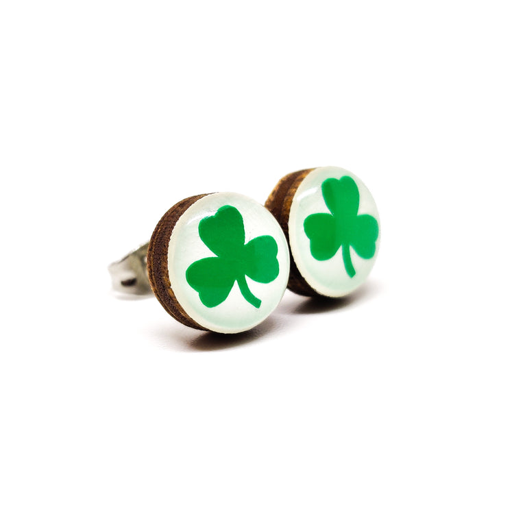 Stud Earrings, Shamrock Clover, 10 mm, Handmade, Stainless Steel Posts for Sensitive Ears - Candi Cove Designs 