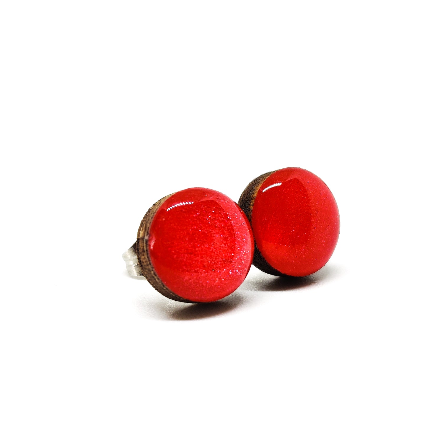 Stud Earrings, Scarlet Red Shimmer, 10 mm, Handmade, Stainless Steel Posts for Sensitive Ears - Candi Cove Designs 