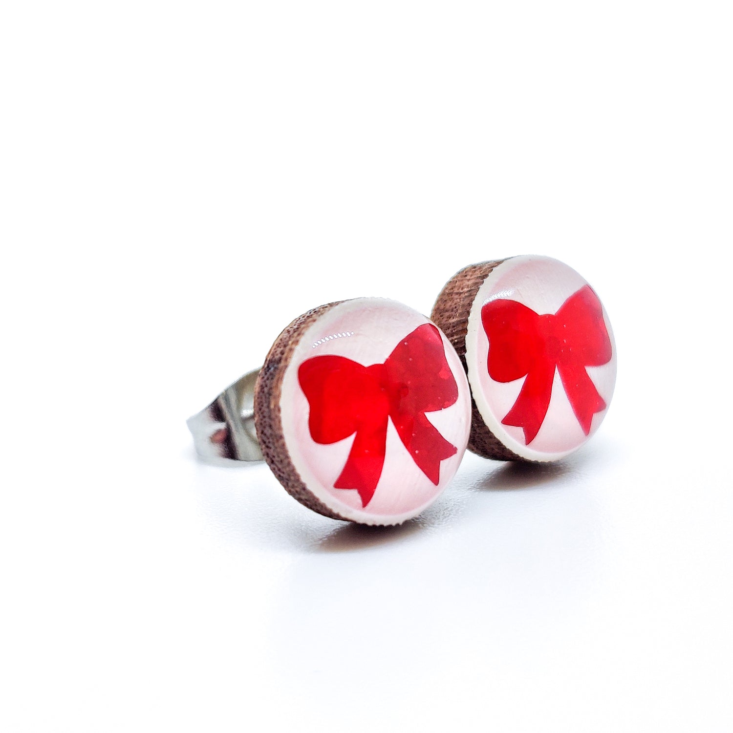 Stud Earrings, Sparkly Red Bow, 10 mm, Handmade, Stainless Steel Posts for Sensitive Ears - Candi Cove Designs 