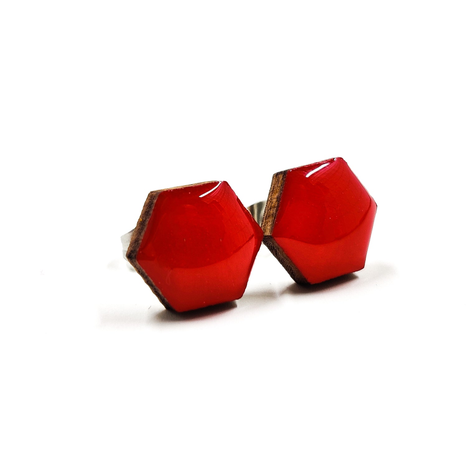 Lipstick Red Hexagon 10 mm Stud Earrings, Handmade, Stainless Steel Posts for Sensitive Ears - Candi Cove Designs 