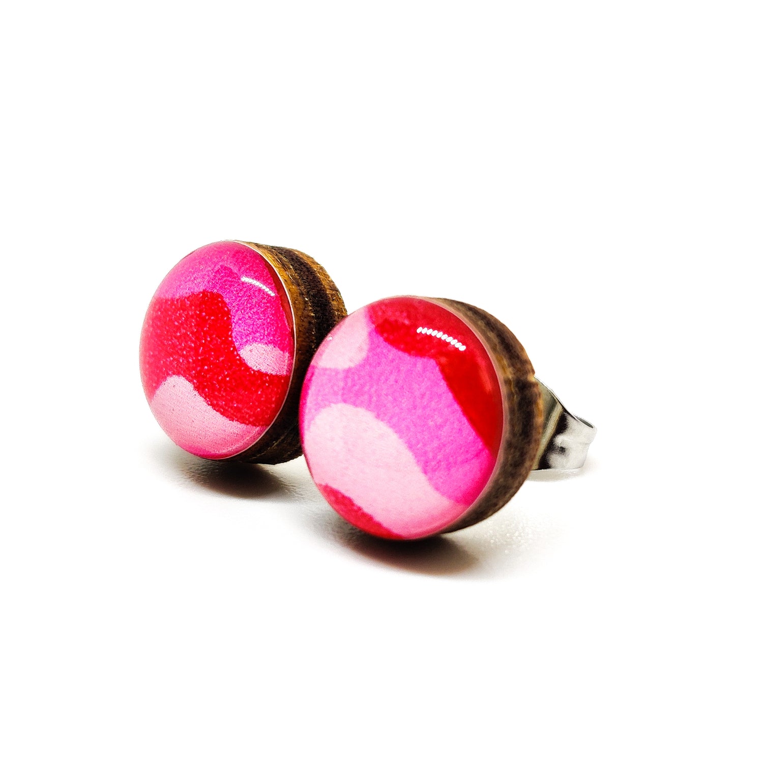 Stud Earrings, Pink Camouflage, 10 mm, Handmade, Stainless Steel Posts for Sensitive Ears - Candi Cove Designs 