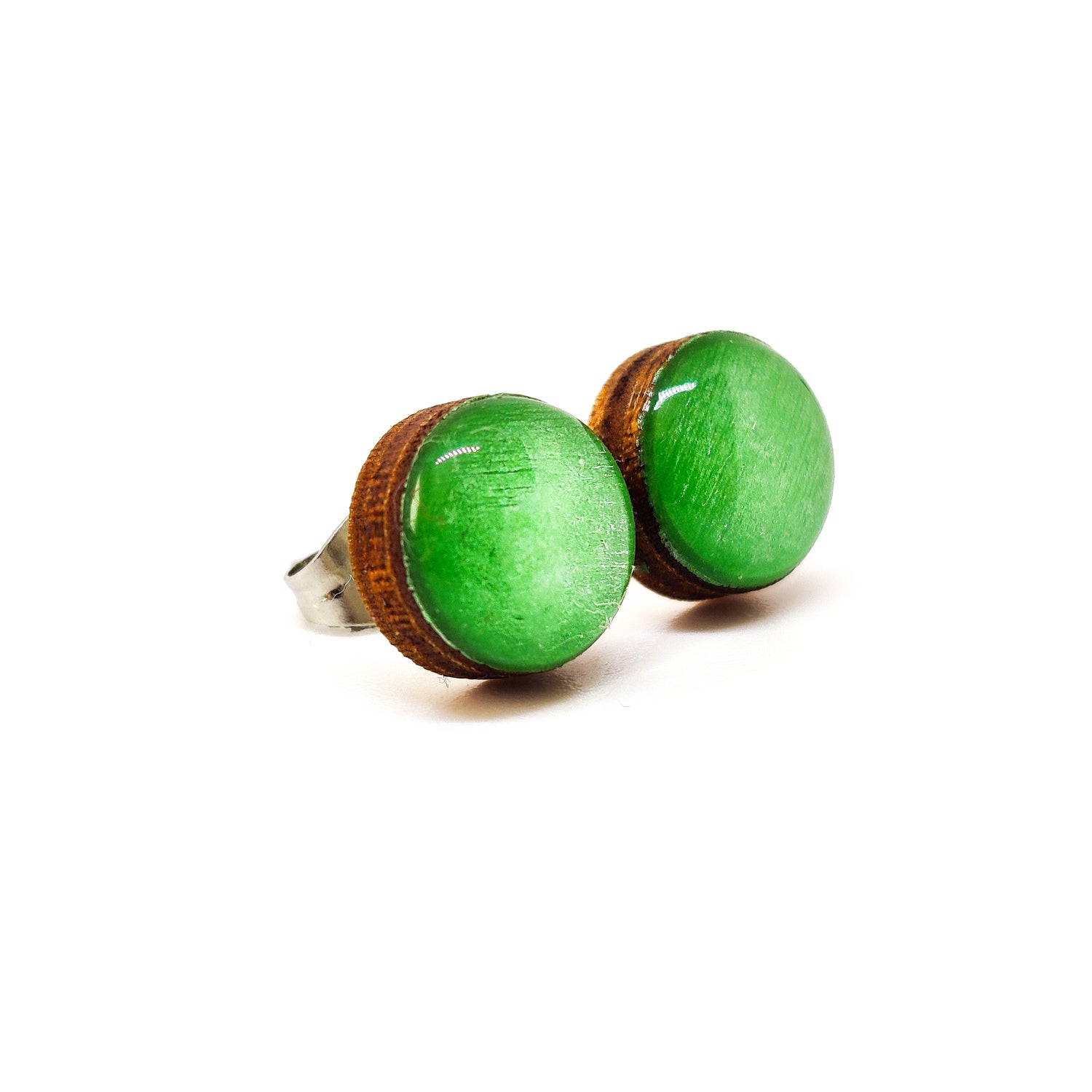 Stud Earrings, Bright Jade Green Shimmer, 10 mm, Handmade, Stainless Steel Posts for Sensitive Ears - Candi Cove Designs 