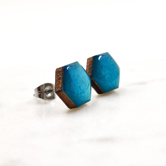 Turquoise Shimmer Hexagon 10 mm Stud Earrings, Handmade, Stainless Steel Posts for Sensitive Ears - Candi Cove Designs 