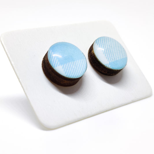 Stud Earrings, Light Blue and White Geometric, 10 mm, Handmade, Stainless Steel Posts for Sensitive Ears - Candi Cove Designs 