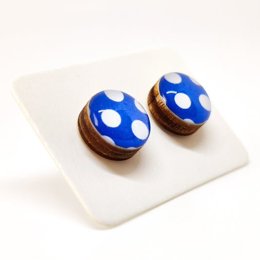 Stud Earrings, Cobalt Blue and White Polka Dot, 10 mm, Handmade, Stainless Steel Posts for Sensitive Ears - Candi Cove Designs 