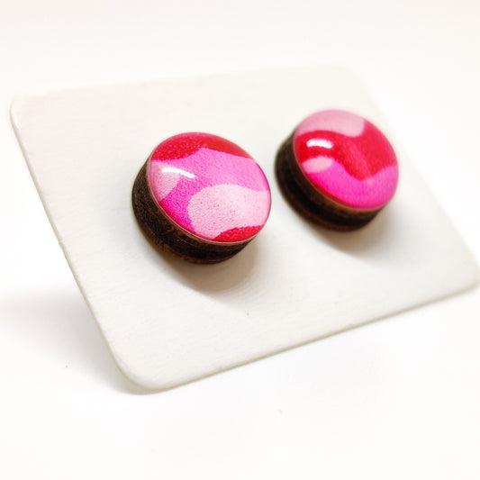 Stud Earrings, Pink Camouflage, 10 mm, Handmade, Stainless Steel Posts for Sensitive Ears - Candi Cove Designs 