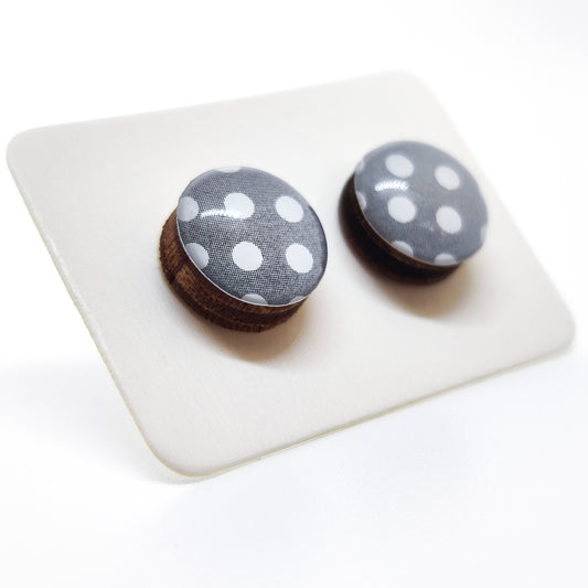 Stud Earrings, Grey and White Polka Dot, 10 mm, Handmade, Stainless Steel Posts for Sensitive Ears - Candi Cove Designs 
