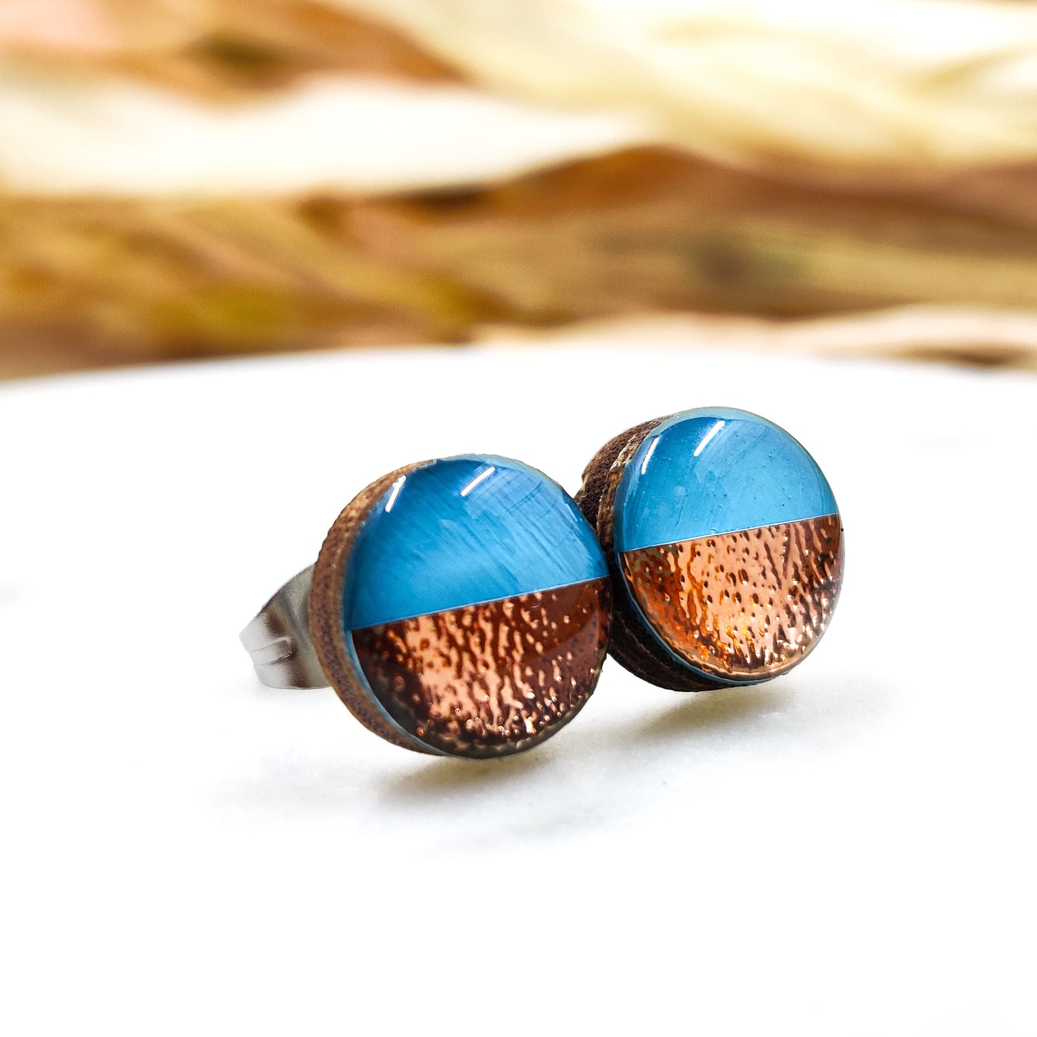 Desert Turquoise and Rose Gold Faux Hammered Metal Stud Earrings