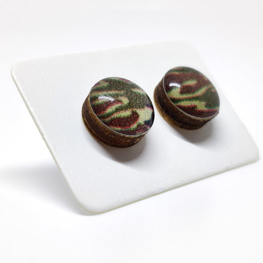 Stud Earrings, Hunter Army Green Camo 10 mm, Handmade, Stainless Steel Posts for Sensitive Ears - Candi Cove Designs 