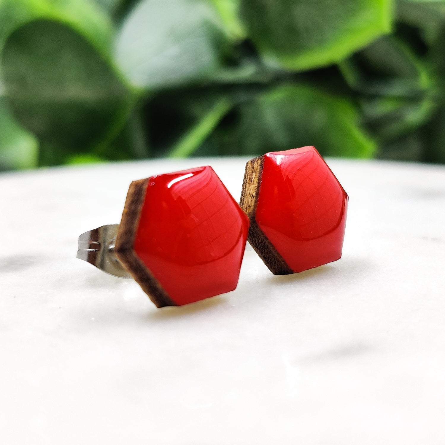 Lipstick Red Hexagon 10 mm Stud Earrings, Handmade, Stainless Steel Posts for Sensitive Ears - Candi Cove Designs 