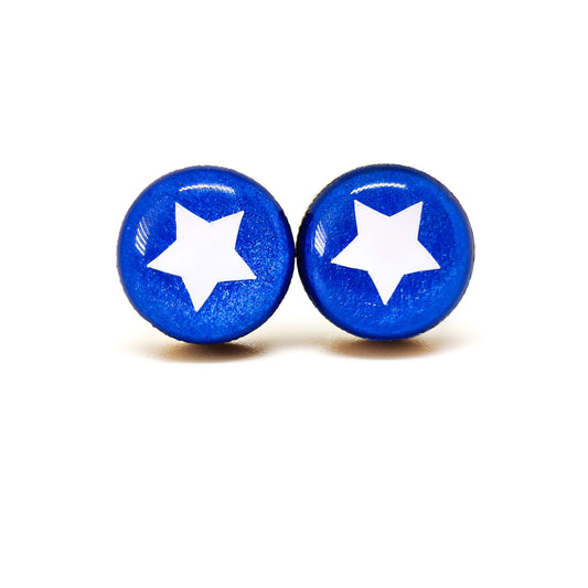 Stud Earrings, Blue and White Star, 10 mm, Handmade, Stainless Steel Posts for Sensitive Ears - Candi Cove Designs 