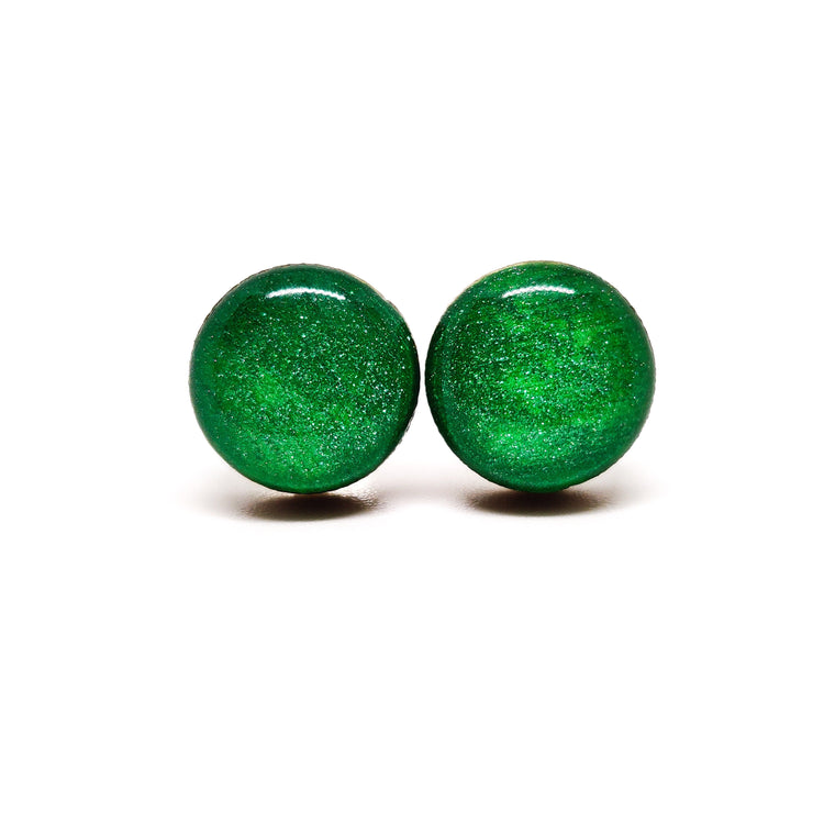 Set of 2 Stud Earrings, Christmas Tree, Green Shimmer, 10 mm, Handmade, Stainless Steel Posts for Sensitive Ears - Candi Cove Designs 