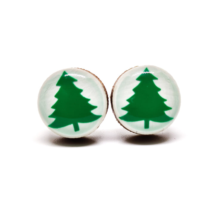 Set of 2 Stud Earrings, Christmas Tree, Green Shimmer, 10 mm, Handmade, Stainless Steel Posts for Sensitive Ears - Candi Cove Designs 