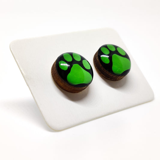 Stud Earrings, Green Paw Print, 10 mm, Handmade, Stainless Steel Posts for Sensitive Ears - Candi Cove Designs 