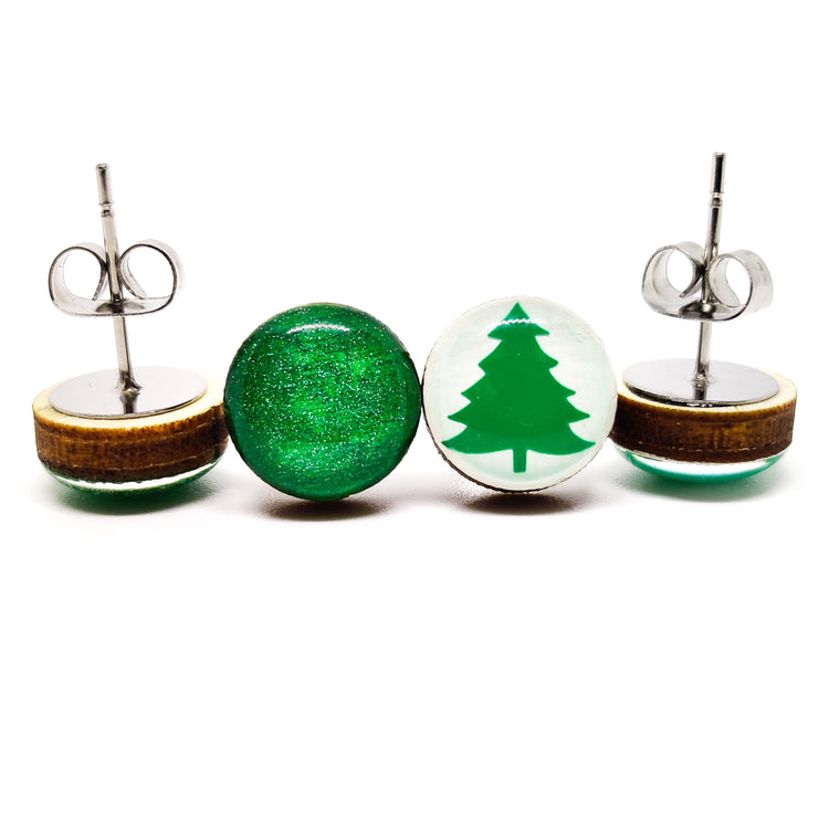 Set of 2 Stud Earrings, Christmas Tree, Green Shimmer, 10 mm, Handmade, Stainless Steel Posts for Sensitive Ears - Candi Cove Designs 