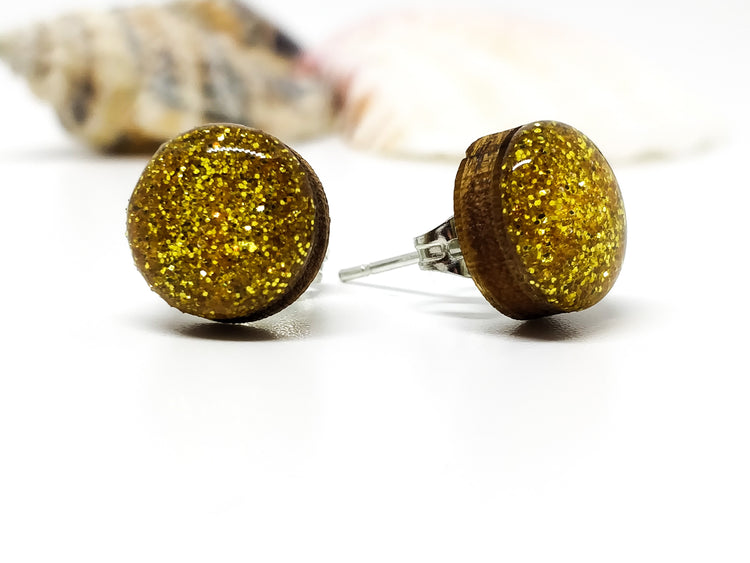 Stud Earrings, Gold Sparkle, 10 mm, Handmade, Stainless Steel Posts for Sensitive Ears - Candi Cove Designs 