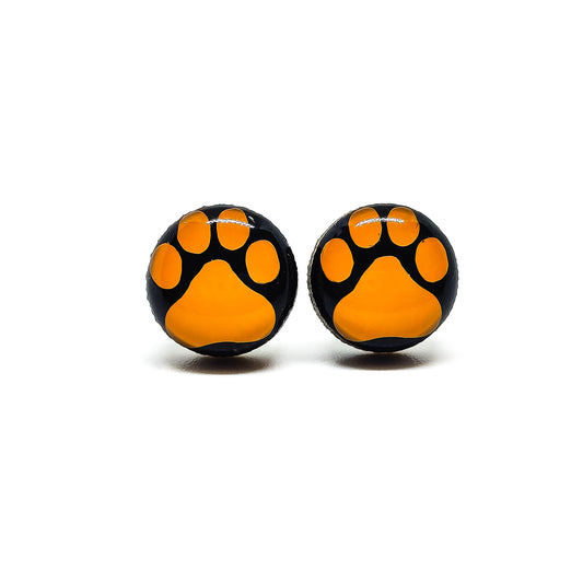 orange and black pawprint stud earrings by candi cove designs everyday simple stud earrings for sensitive ears bengals earrings