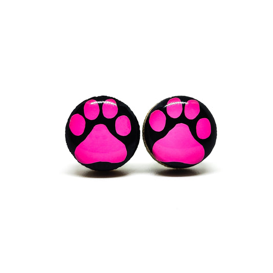 pink and black pawprint stud earrings by candi cove designs everyday simple stud earrings for sensitive ears 