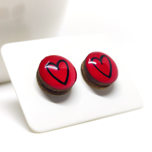 Lipstick red and black hand drawn heart Stud Earrings | Color Dot Stud Earrings | Resin Earrings | Everyday Earrings | Small Studs | Colorful Earrings | Circle Studs 