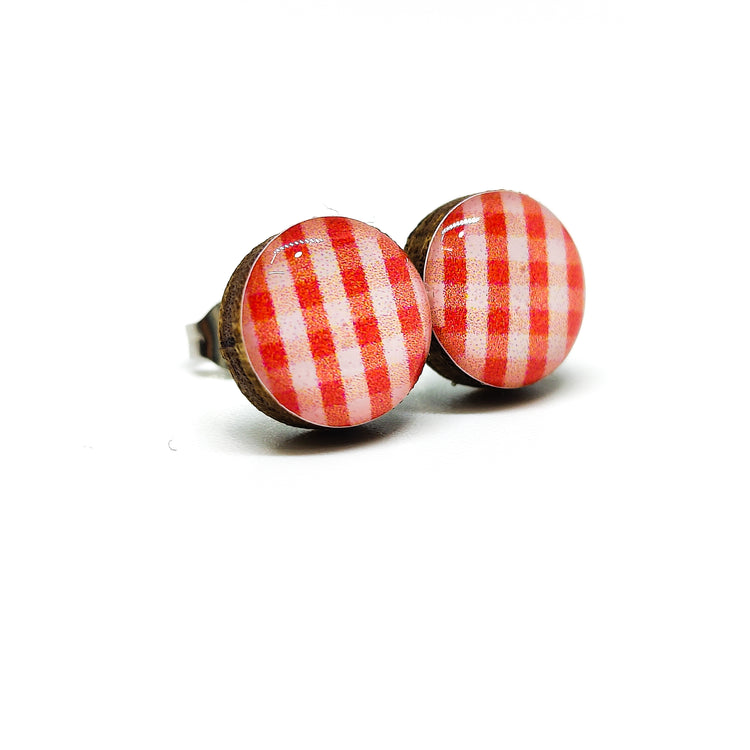 red and white plaid stud earrings by candi cove designs everyday simple stud earrings for sensitive ears