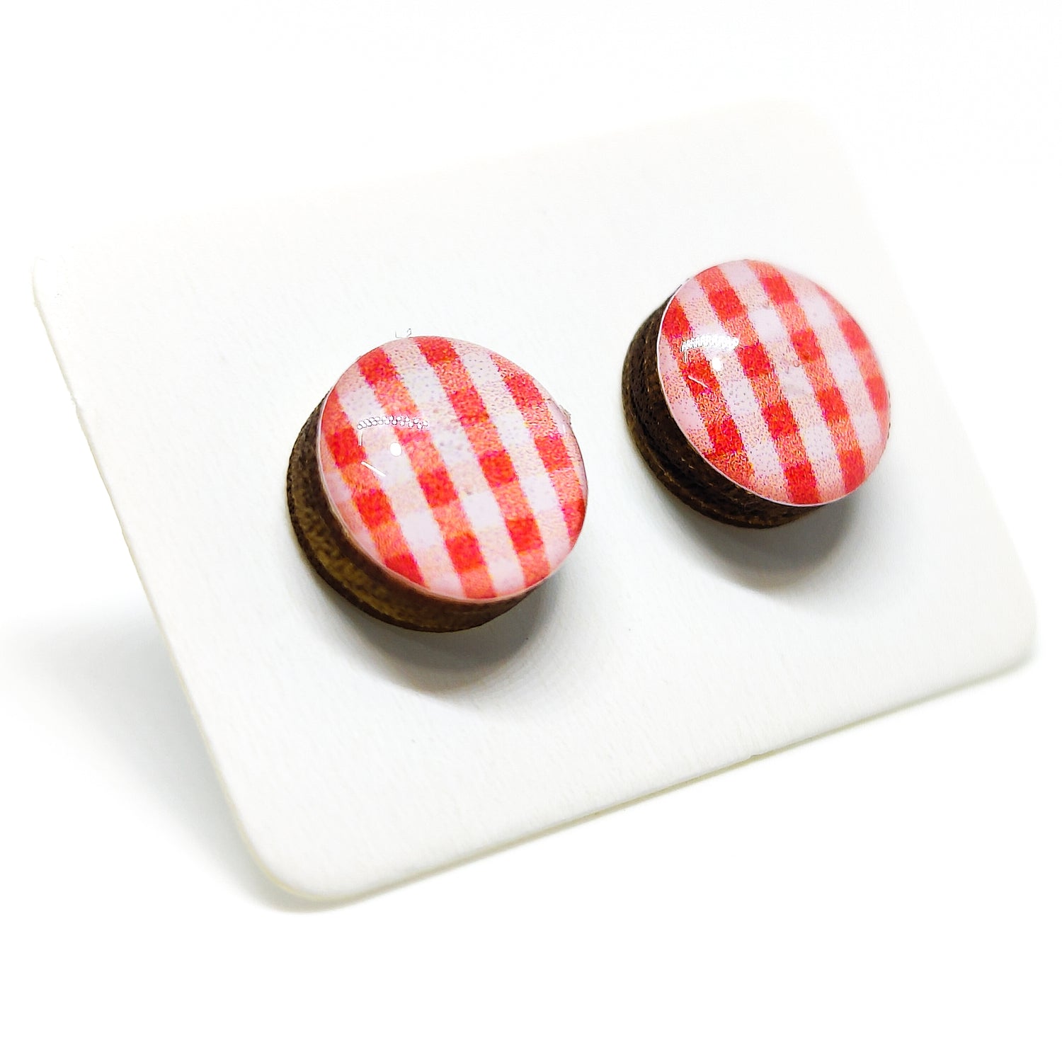 red and white plaid stud earrings by candi cove designs everyday simple stud earrings for sensitive ears