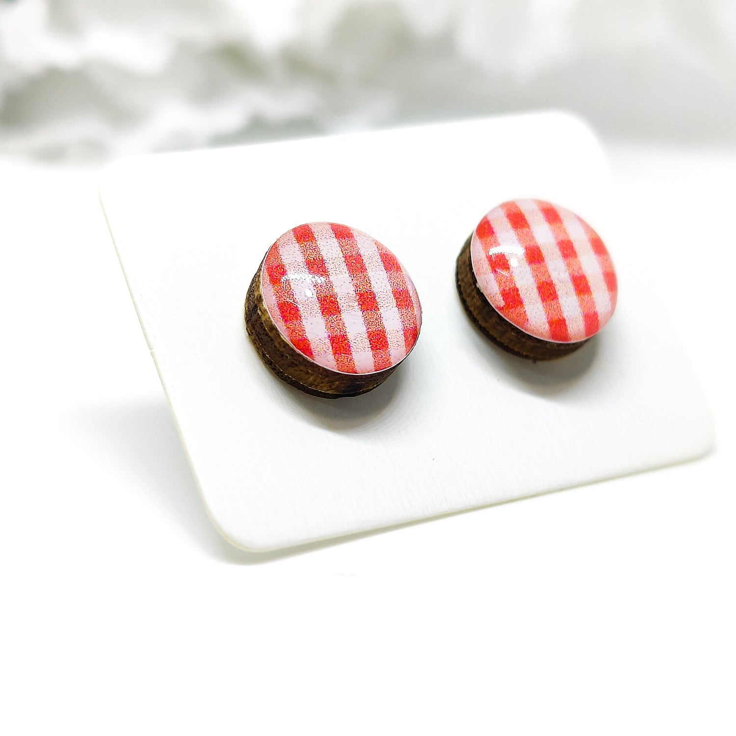 red and white plaid stud earrings by candi cove designs everyday simple stud earrings for sensitive ears