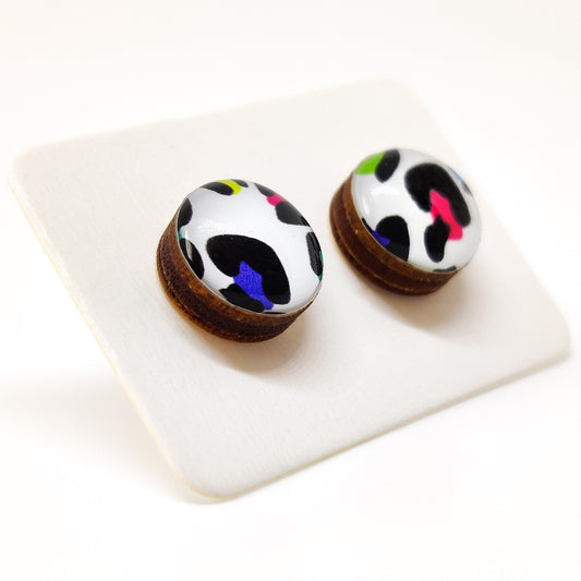 Stud Earrings, Bright Multicolored Cheetah, 10 mm, Handmade, Stainless Steel Posts for Sensitive Ears - Candi Cove Designs 