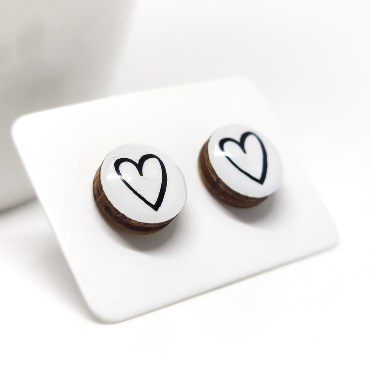 White and Black Hand Drawn Heart Stud Earrings | Color Dot Stud Earrings | Resin Earrings | Everyday Earrings | Small Studs | Colorful Earrings | Circle Studs 